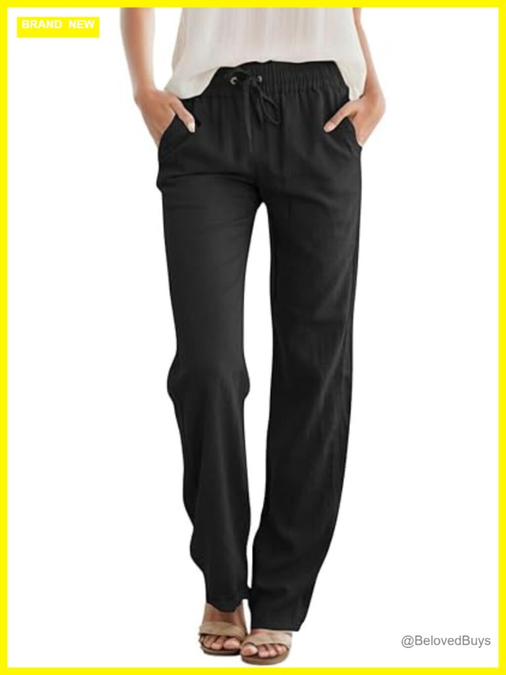 Linen High Waist Drawstring Wide Leg Pants with Pockets